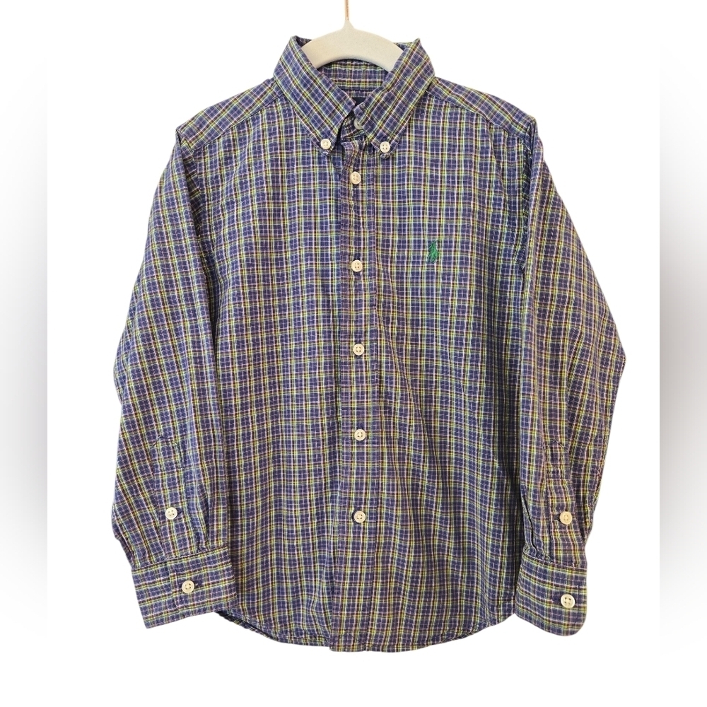 RALPH LAUREN BLUE,GREEN,YELLOW PLAID BUTTON-DOWN LONG SLEEVE W/ PONY LOGO. SZ 5.